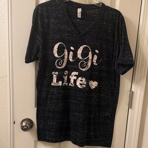 Heather Black  V-Neck Tee with White Print for the Gigi in your life.